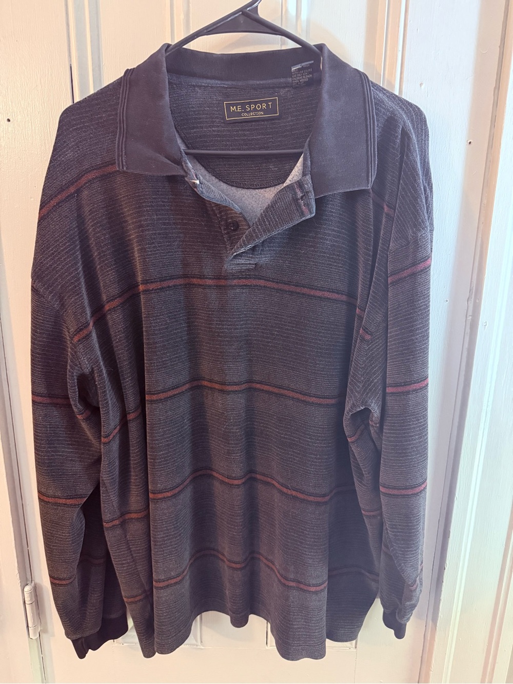 Vintage 90’s M.E Sport Collection Men's Long Sleeve Polo Charcoal w/ Red Stripe